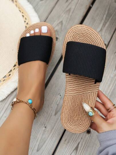 Summer Black Strap Slippers, Fashion Indoor Home Women Sandals, New Flat Casual Slides, Korean Outdoor, Party, Beach, Vacation Flat Shoes
