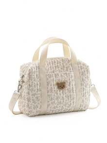 1 件绗缝碎花和熊图案手提包，田园妈妈婴儿车挂袋，便携式多功能孕妇尿布包，适合户外使用