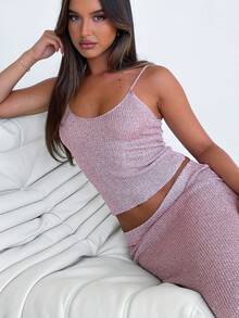 Womens Shiny 2-Piece Silk Skirt Set Spaghetti Strap Scoop Neck Cami Long Skirt Bodycon Outfit For Party - 粉色 - 查看 4