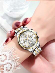 FNGEEN 2 件/套情侣手表，金色不锈钢表带，罗马刻度，蓝色表盘，日历显示，50 米防水石英表，男女通用，精准计时，日本进口石英自动机芯 - 高品质内置长寿命日本电池，小表盘装饰，情人节礼物，婚礼纪念品 - 白色 - 查看 3