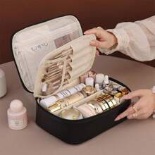Large Capacity Removable 3-Layer Makeup Bag, Vegan Leather Travel Cosmetic Organizer With Brush Holder, Unisex Portable Toiletry Case, Alcohol-Free Makeup Storage Solution, Elegant Design Makeup Organizer Bathroom Accessories