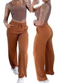 Women's Cold Weather Wide Leg Pants, Winter Fashion 2025 - Rust Brown - View 2