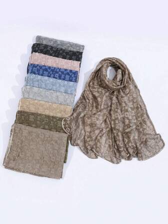1pc Women's Solid Color Wrinkled Letter Print Scarf, Fashionable Casual Headband Sun Protection Beach Shawl