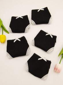 5 pezzi Perizoma sexy da donna in pizzo con fiocco, texture nera carino