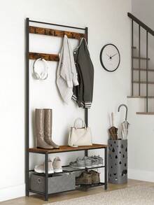 Coat Rack, Coat Stand With Shoe Storage Bench, Hall Tree With Shoe Rack, 3-In-1 Design, Steel Frame, For Hallway, Entrance, 32 X 85 X 175 Cm, Industrial Style, Walnut Brown And Black - 白色 - 查看 2