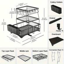 3 Tier Kitchen Dish Drying Rack - Large Capacity Carbon Steel Organizer With Removable Drainage, Multi-Layer & Basket Design For Dishes, Bowls, Utensils, Space Saving, Great Housewarming & Christmas Gift, Utensil Holder