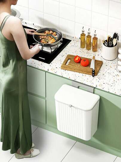 1PC White Hanging Kitchen Trash Can, Cabinet Door Garbage Bin, Space-Saving Wall Mounted Waste Bin, Suitable For Kitchen And Bathroom, Trash Can Kitchen, Kitchen Accessories, Trash Can For Bedroom, Bathroom Trash Cans, Bins, Organizer