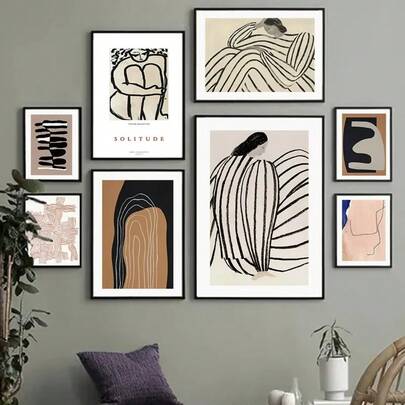 1 幅可选画框斯堪的纳维亚抽象墙面艺术条纹线条曲线女孩几何高清帆布海报印刷品家居卧室客厅装饰