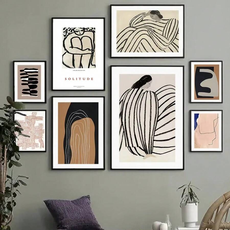 1 幅可选画框斯堪的纳维亚抽象墙面艺术条纹线条曲线女孩几何高清帆布海报印刷品家居卧室客厅装饰 - 彩色 - 查看 1