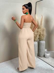 Women's Summer Sexy Vacation Retro Pattern Print Ruched Tube Wide-Leg Jumpsuits (Random Print) - 杏色 - 查看 6