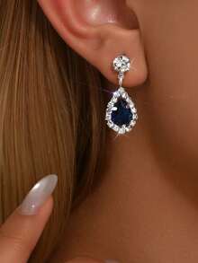 Classic Navy Blue Teardrop Cubic Zirconia Drop Earrings, Elegant Party/Formal Dress Jewelry Accessories For Women - Royal Blue - View 2