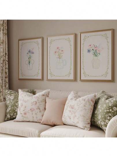 Ensemble d'œuvres d'art murales florales, ensemble d'art Cottagecore, affiches florales vintage, œuvres d'art, ensemble de 3 estampes florales, œuvre d'art Coquette, peintures sur canevas d'impressions girly, affiches et impressions pour la décoration murale du salon en option avec cadre