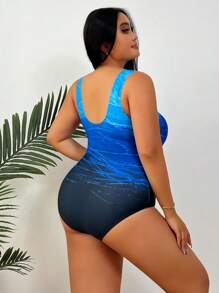 Plus Size Ombre Blue & Black One-Piece Swimsuit