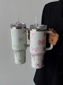 1pc Romantic Bow Decor 40oz/14oz Large Capacity Handled Tumbler, Insulated Stainless Steel Vacuum Cup, Suitable For Travel, School, Office, Outdoor, Gym, Home And More, Gift For Women & Teens, Holiday & Birthday Gift (With Straw)