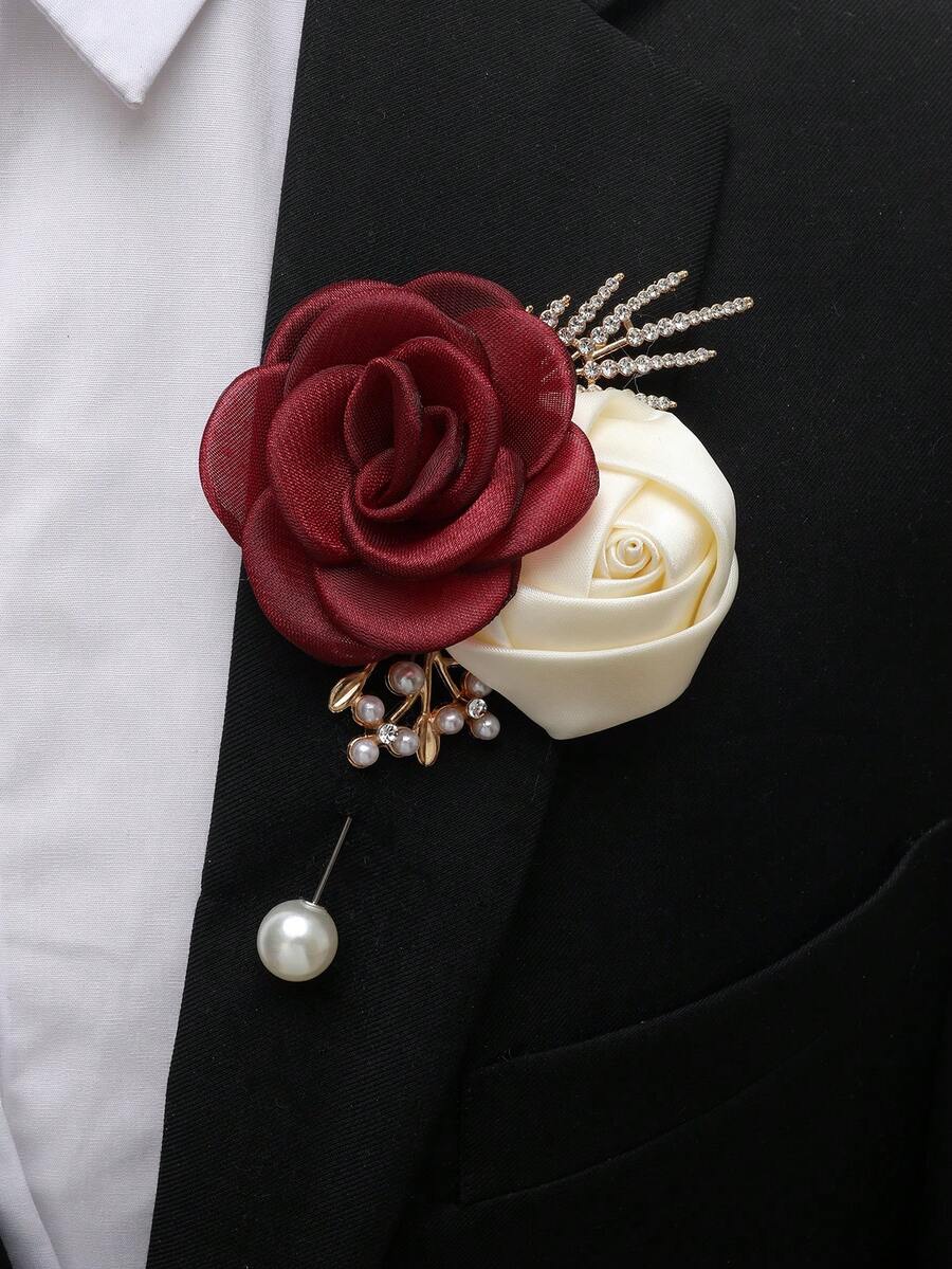1 件男女通用优雅勃艮第山茶花和米色玫瑰花胸针，配珍珠，清新花卉翻领别针，适合新郎、新娘、伴娘、婚礼、派对、宴会、舞会、活动装饰 - 酒紅色+米 - 查看 1