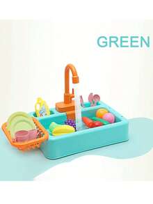 厨房水槽玩具儿童电动洗碗机玩具带流水升级水龙头电动循环水洗碗桶过家家角色扮演玩具适合男孩女孩完整证书（部分配件颜色随机），厨房游戏，儿童厨房配件