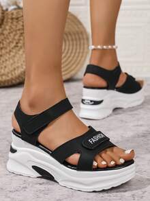 2025 Summer New Fashion Athletic Style Rhinestone Hook And Loop Open Toe Wedge Heel Sandals For Women - Black - View 5