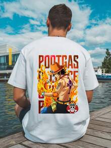 Men Black And White 100% Cotton T-Shirt Soft Breathable Short-Sleeved T-Shirt With Anime Print Loose Couple Short-Sleeved 195g Summer Short-Sleeved With Print <ONE PIECE>