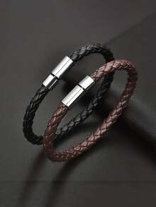 2 件简约皮革编织磁扣手链，复古合金男士珠宝，适合日常佩戴，也适合送给朋友和家人 - 彩色 - 查看 7