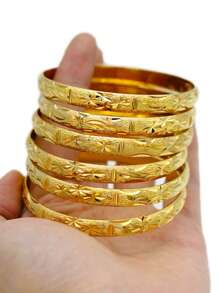 1/3/6pcs Handcrafted 24K Gold Plated Traditional Sand Gold Bracelet With Star & Angel Wing Pattern, Suitable For Women Daily Wear Or Gift, No Box