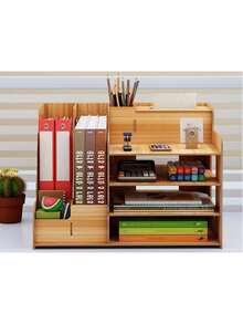 Organizador escritorio oficina madera armable hogar almacenamiento multiusos artículos papelería documentos accesorios fácil instalación resistente - Café integral - Ver 3