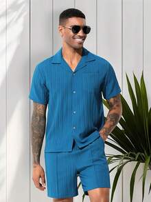 2 piezas Conjunto de camisa de Verano para hombre,  Estilo caballero vintage casual,  cómodo y versátil - Azul oscuro - Ver 3