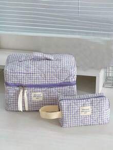 Nécessaire grande acolchoada xadrez roxa (1 unidade), bolsa de maquiagem portátil e moderna, nécessaire de viagem feminina, bolsa multifuncional para guardar batom, absorvente higiênico, moedas, chaves, presilhas de cabelo, elásticos de cabelo, nécessaire charmosa, organizador de viagem para maquiagem, presente para o Dia das Mães, presente de volta às aulas, presente de Ano Novo - Roxa - Ver 14