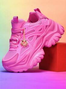 Women's 7cm Thick Sole Casual Sports Shoes With Sunflower Metal Decoration, Outdoor High Heel Platform Sneakers, Lightweight Shock-Absorbing Breathable Mesh Summer Sandals, Pink Round Toe Lace-Up For Daily, Workout, Office