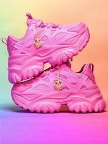 Women's 7cm Thick Sole Casual Sports Shoes With Sunflower Metal Decoration, Outdoor High Heel Platform Sneakers, Lightweight Shock-Absorbing Breathable Mesh Summer Sandals, Pink Round Toe Lace-Up For Daily, Workout, Office