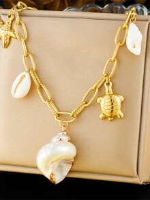 1 Stück kreativ und personalisiertes Meereslebens-Accessoire, inklusive Muscheln, Jakobsmuscheln, Seesterne, Krabben, Schildkröten, herzförmiger Mondanhänger, Kette, Edelstahl-Halskette