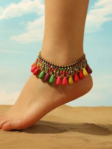 1 chiếc lắc chân dệt hạt ngọc lam phong cách Boho có mặt dây chuyền nhiều màu sắc, phù hợp cho trang phục hàng ngày và lễ hội của phụ nữ, đặc biệt phù hợp cho mùa hè (Sắp xếp đá hình giọt nước thủ công ngẫu nhiên) - Giọt nước màu - Xem 5