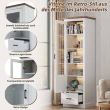 okwish Vitrina, aparador, aparador alto, mueble auxiliar, mueble de almacenaje, con mando a distancia de 16 colores y cajón y 5 compartimentos, vitrina alta de cristal, color blanco
