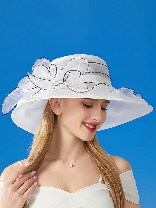 1pc Women's New 2025 Church Hat Solid Color Large Floral Organza Sun Hat, Elegant British Lady Style