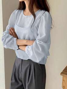 2025 春季新款时尚小众吊带背心，女士独特长袖衬衫套装 - 藍色 - 查看 5