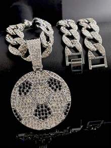 Luxury Alloy Men's Quartz Watch, With Rhinestone Rhinestone Crystal And Date, Paired With A Hip-Hop Pair It With A Football Pendant Full Of Rhinestones Cuban Necklace And Bracelet Set - Necklace Set - View 32
