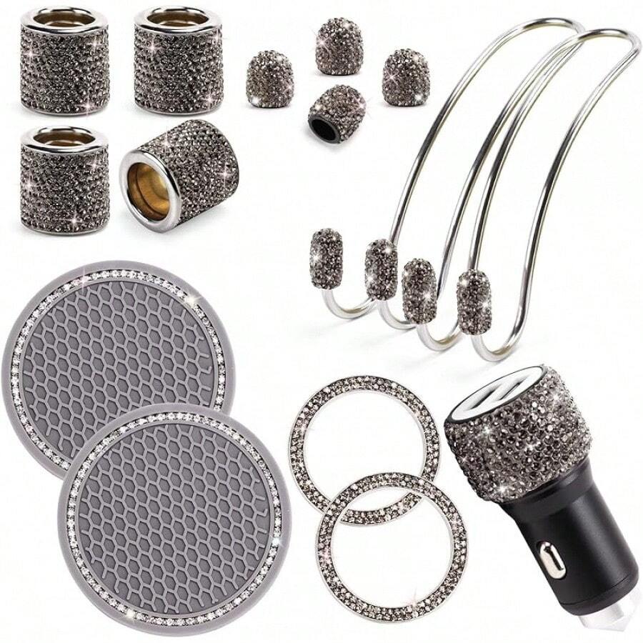 Bling Car Accessories Set For Women Girl, Bling Head Rest Collars Rings,Bling Dual USB Car Charger,Bling Car Hook Backseat,Bling Cup Holder,Bling Tire Valve Stem Caps,Car Bling Rings(White) - Grey - View 1