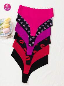 6 Pcs Women Plus Size Sexy Cute Hollow Out Love Shape Sexy Thong, Pink Stretchy Panties, Women's Lingerie & Underwear