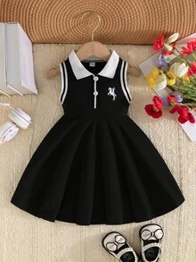 Baby GirlLightweight Breathable Cute Collegiate Style Embroidered Collar Dress, Elegant & Fashionable