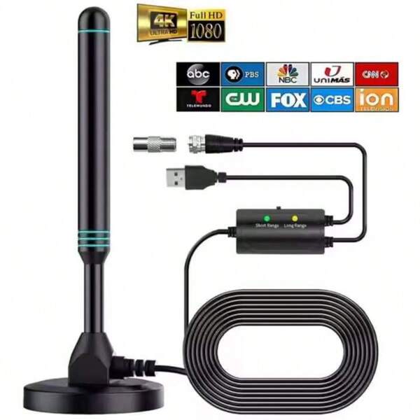Nueva antena HDTV 4K 1080P, amplificador de señal HDTV DVB-T2, base magnética para una colocación fácil, recepción potente para uso en el hogar, el coche y al aire libre (la disponibilidad de canales depende de la fuerza de la señal terrestre local, se requiere un escaneo inicial de canales)