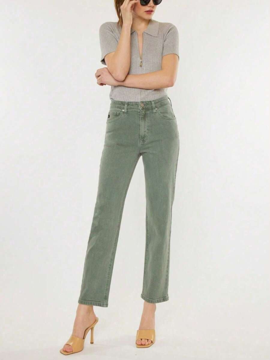 Women's Casual Jeans Basic Ultra High Rise Crop Straight Jeans Olive Slim Fit Zip And Button Closure Ankle-Length Perfect For Spring/Summer/Fall Everyday Wear - Olive - View 1