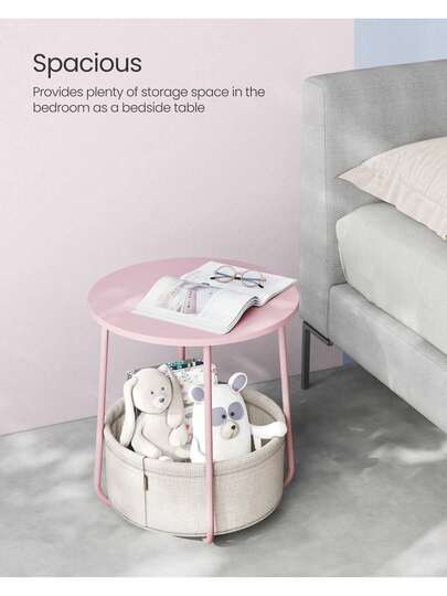 Side Table, Round End Table With Fabric Basket, Spacious, For Living Room Bedroom, Bedside Table, Modern Style, Pastel Pink And Cloud White