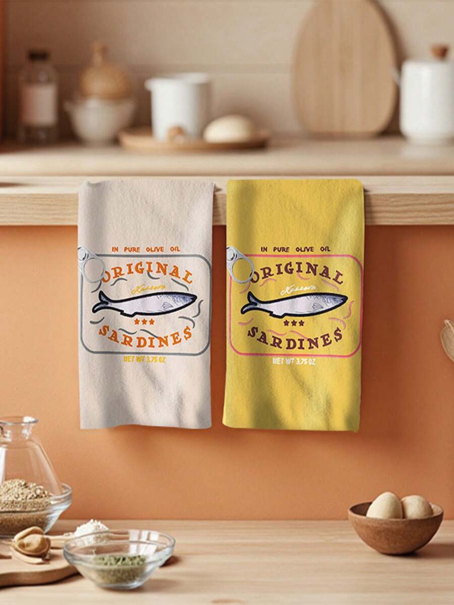 1条沙丁鱼图案厨房巾，卡通鱼印花厨房巾，农舍风格洗碗巾，厨房抹布，厨房手巾，节日礼物，厨房用品 - 彩色 - 查看 1
