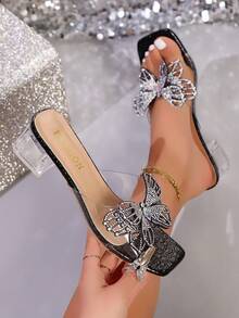 Women's Transparent Strap Multi-Color Rhinestone, Butterfly, Coral, Pearl Decor Square Toe High Heel Sandals, Elegant & Versatile New Design - Black - View 5