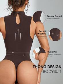 Women's Stand Collar Sleeveless Bodysuit For Abdomen & Waist Shaping - Brown - View 1
