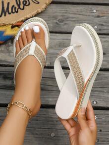 Women's Contrast Color Webbing Toe Strap Thick Sole Summer Beach Vacation Casual Wear Comfortable Versatile Half-Sling Sandals - Beige - View 3
