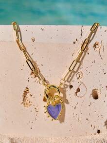 Tropiscape 1pc 18K Gold Plated Cute Pink Blue Enamel Heart Pendant Necklace For Women Girls Collar Jewelry Party Gift Valentines Autumn Winter Gifts