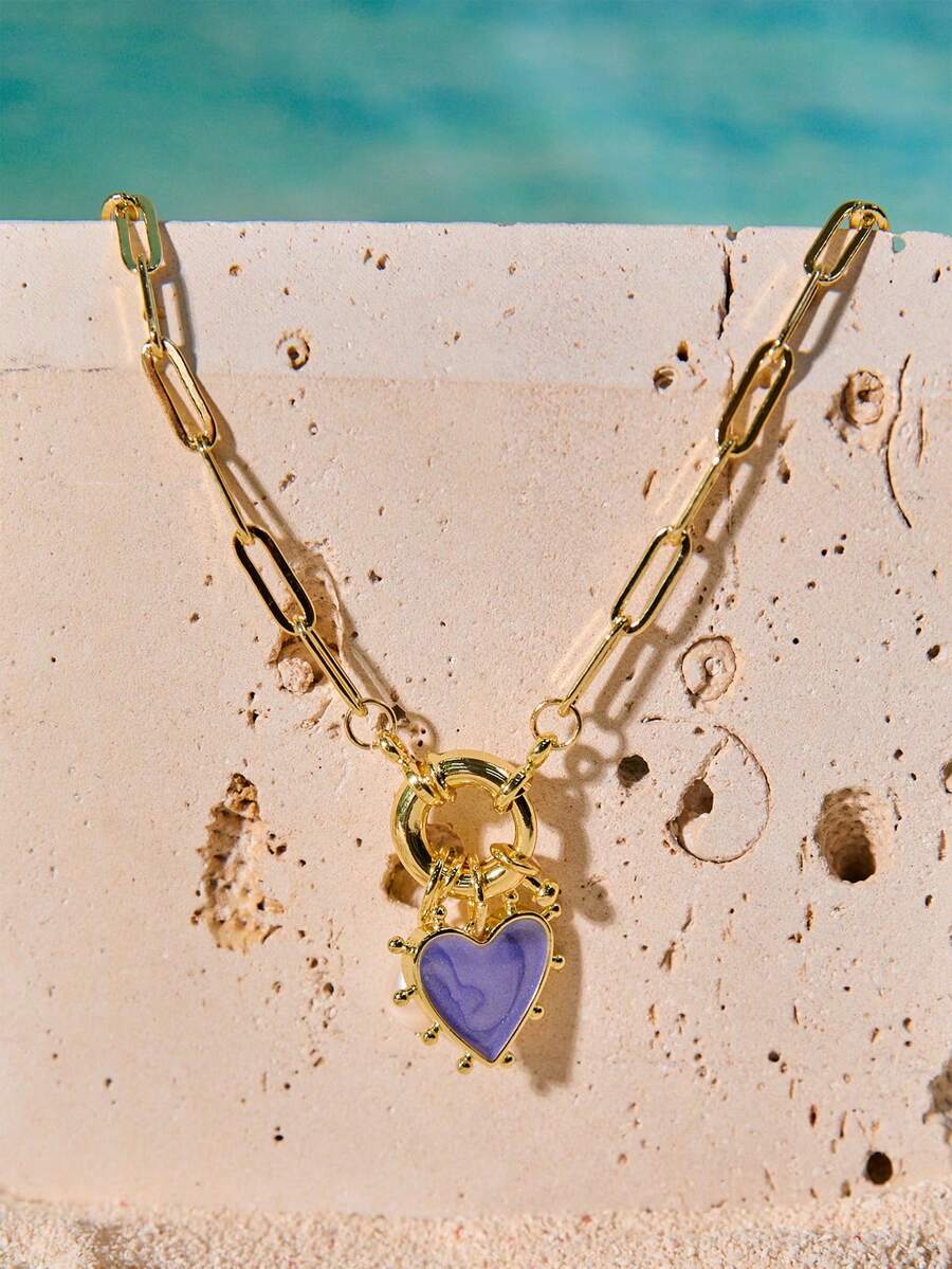 Tropiscape 1pc 18K Gold Plated Cute Pink Blue Enamel Heart Pendant Necklace For Women Girls Collar Jewelry Party Gift Valentines Autumn Winter Gifts