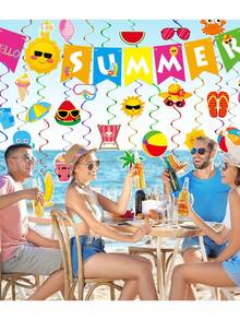 Set de decoración para fiesta de verano - 21 decoraciones para fiesta de playa y piscina, pancarta "Hola verano", colgante de playa y piscina, decoración en espiral con tema hawaiano, set de banderines en espiral de verano - Decoración para fiestas de cumpleaños, hogar, oficina y espacios al aire libre - Multicolor - Ver 6