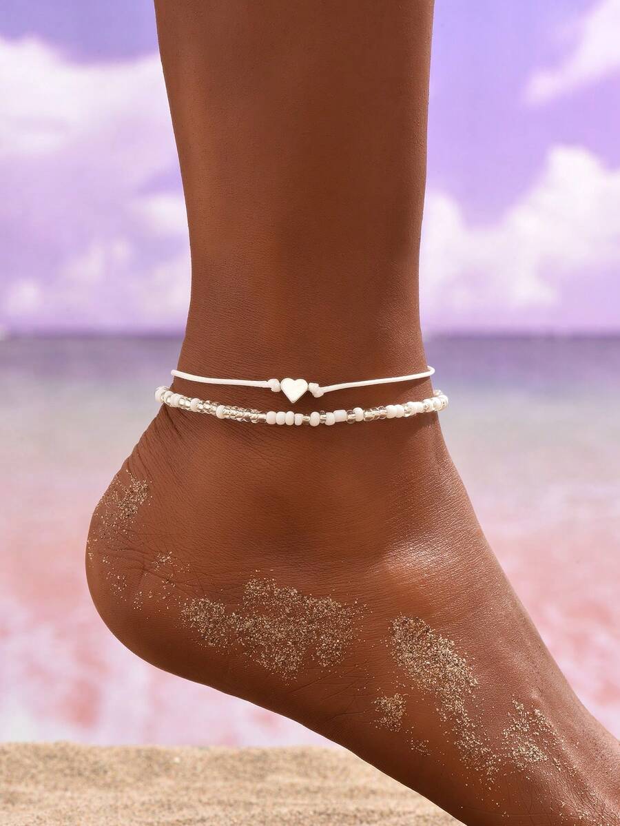 2pcs Random Rice Bead Chain Heart Anklet - White - View 1