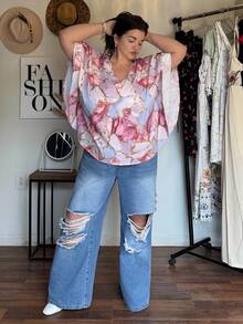 Enliva Jolene.Mendez Plus Size Boho Marble Print Batwing Sleeve Blouse, For Summer, For Apple Rounded Body Shape - Multicolor - View 8